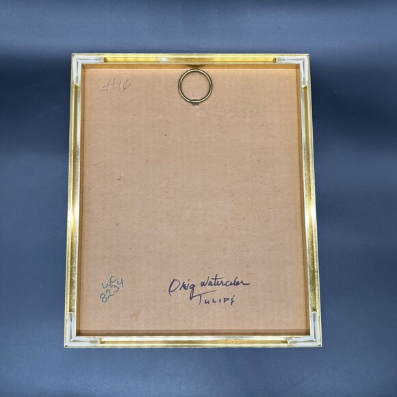 Watercolor Painting Tulips Pink Flower Gold Frame Signed Art Wall Hanging Floral - Picture 2 of 9